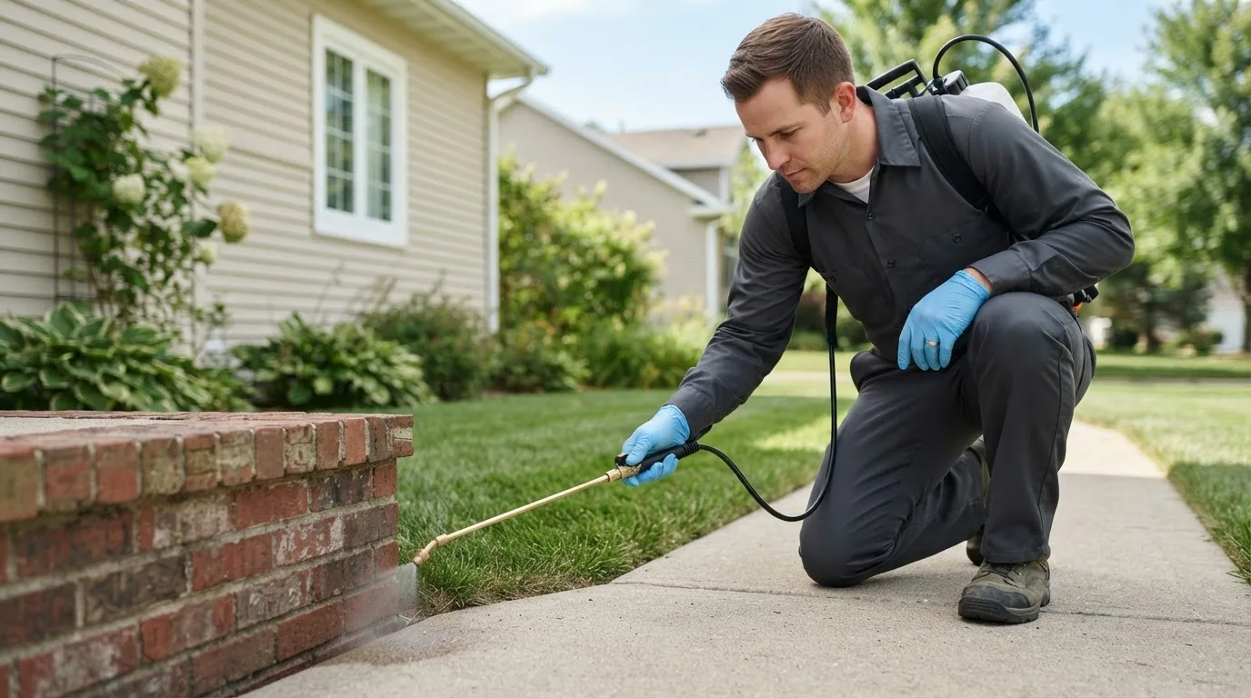 Pest control technician treating a home near Stoneboro, PA